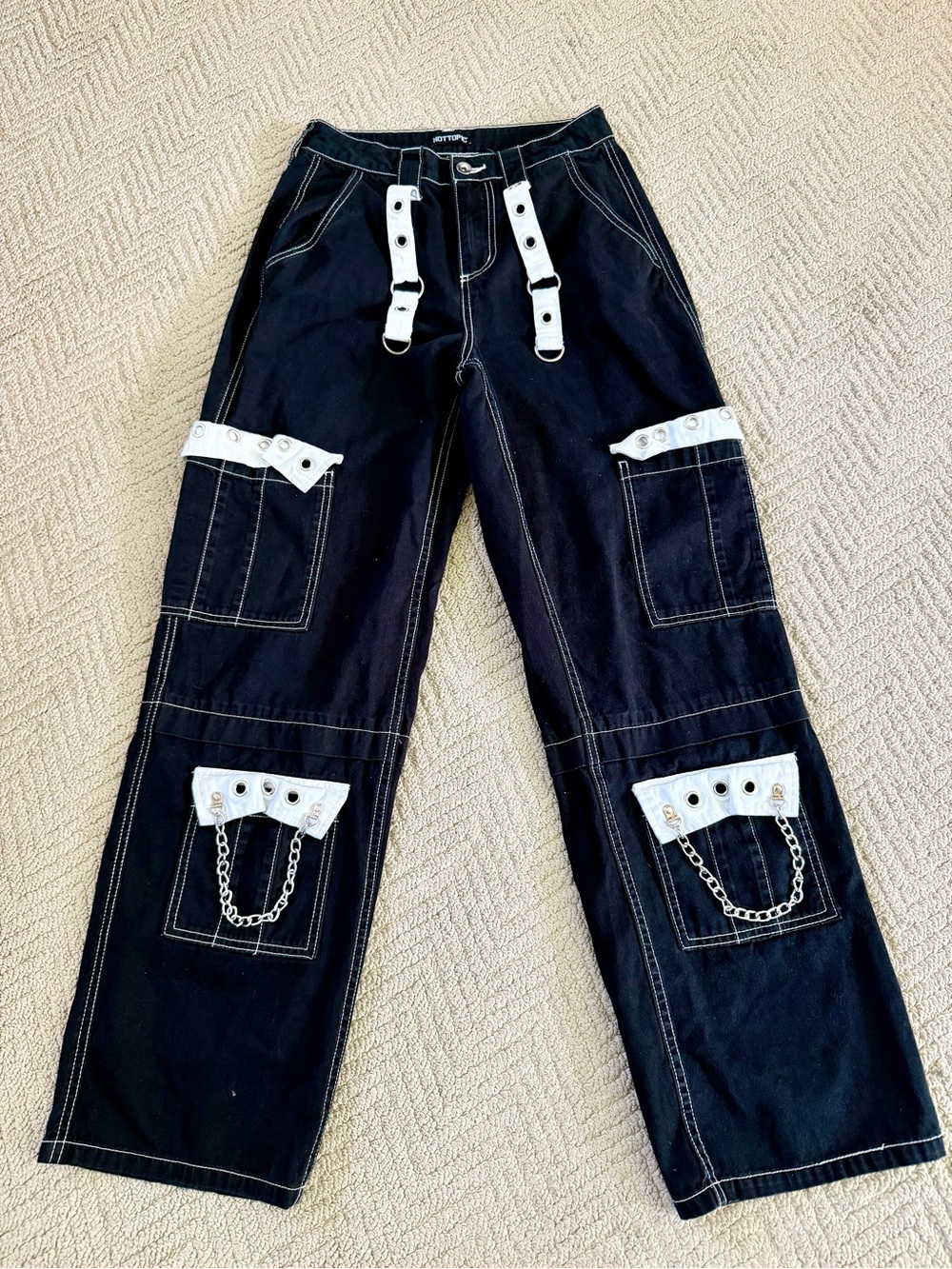 Hot Topic Black Goth Cargo Pants Chains Straps Punk Y2K Alt Grunge Cotton size 1
